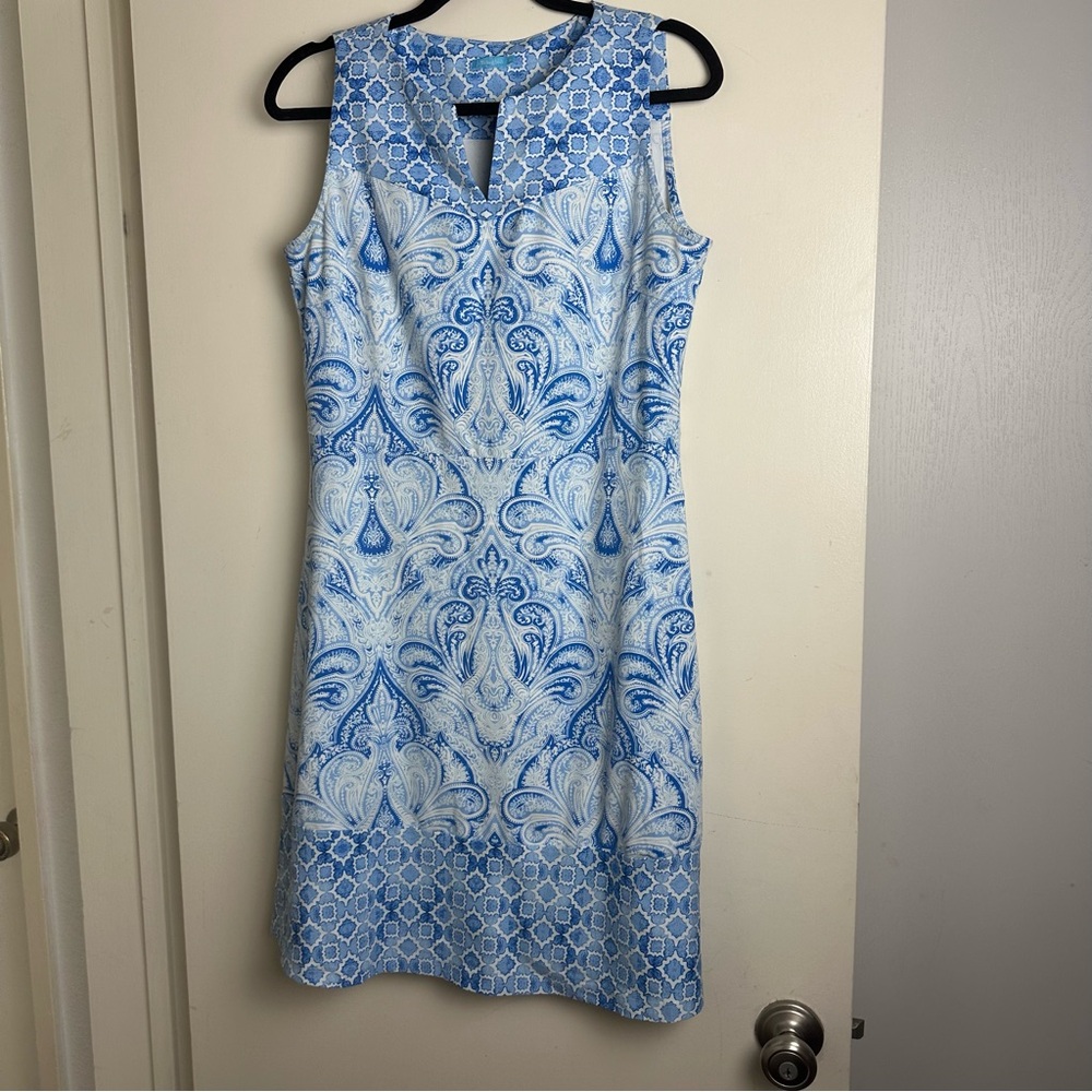 J. McLaughlin‎ Blue White Paisley Print Sleeveless Stretchy Coastal Dress Size M
